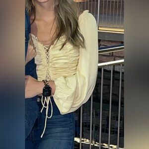 Apricot Lane yellow Ruched Drawstring Long Sleeve Crop Top